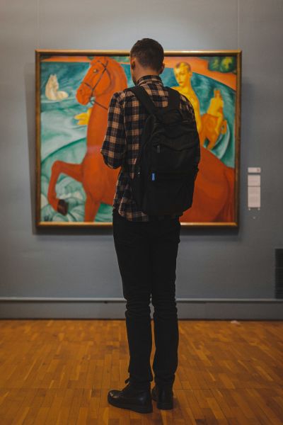 Ein junger Mann mit kariertem Hemd und Rucksack betrachtet aufmerksam ein farbenfrohes Gemälde in einem Museum.